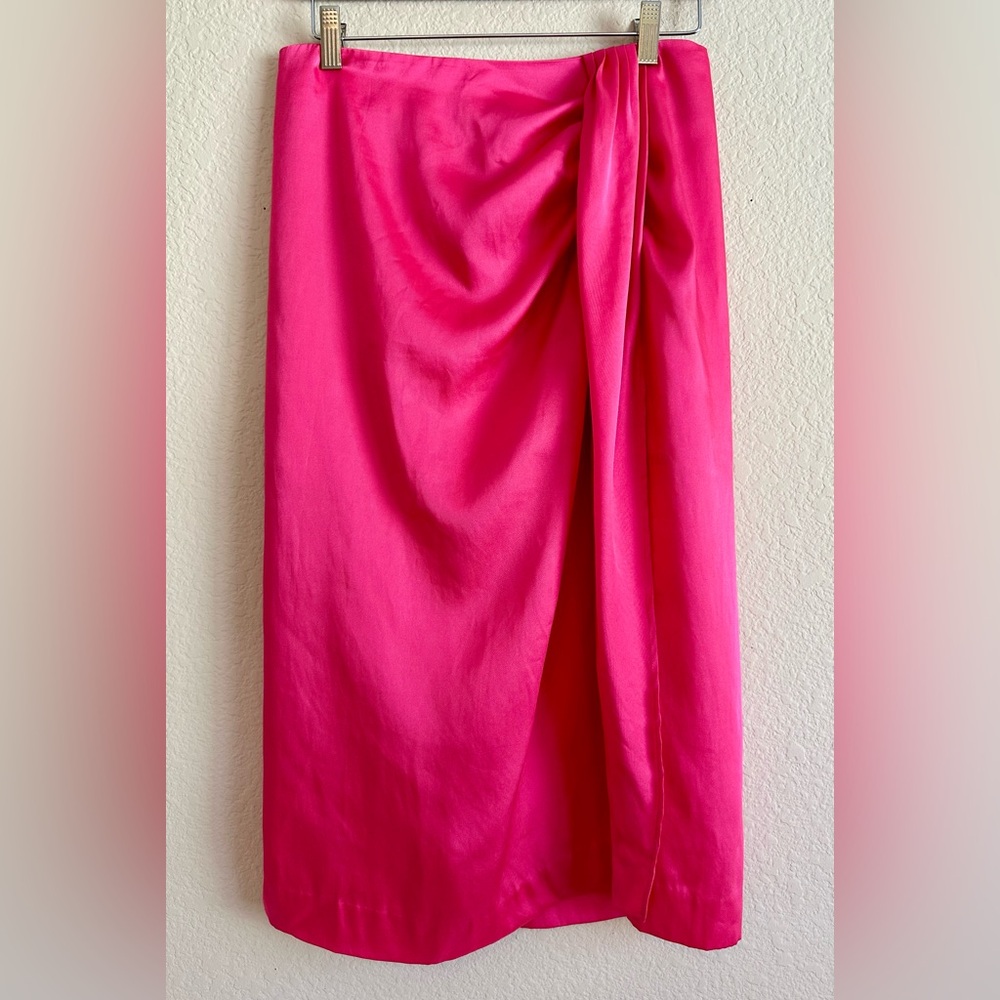 J. CREW Faux Wrap Slip Skirt Bright Pink Satin Leg Slit Women’s 4 Elegant Lux